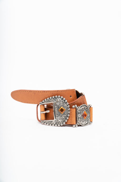 Vintage x Orange Leather Rhinestone Belt (M)