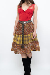 Vintage x Handmade Red, Yellow Plaid & Floral Midi Skirt (S-L)