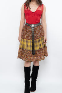 Vintage x Handmade Red, Yellow Plaid & Floral Midi Skirt (S-L)