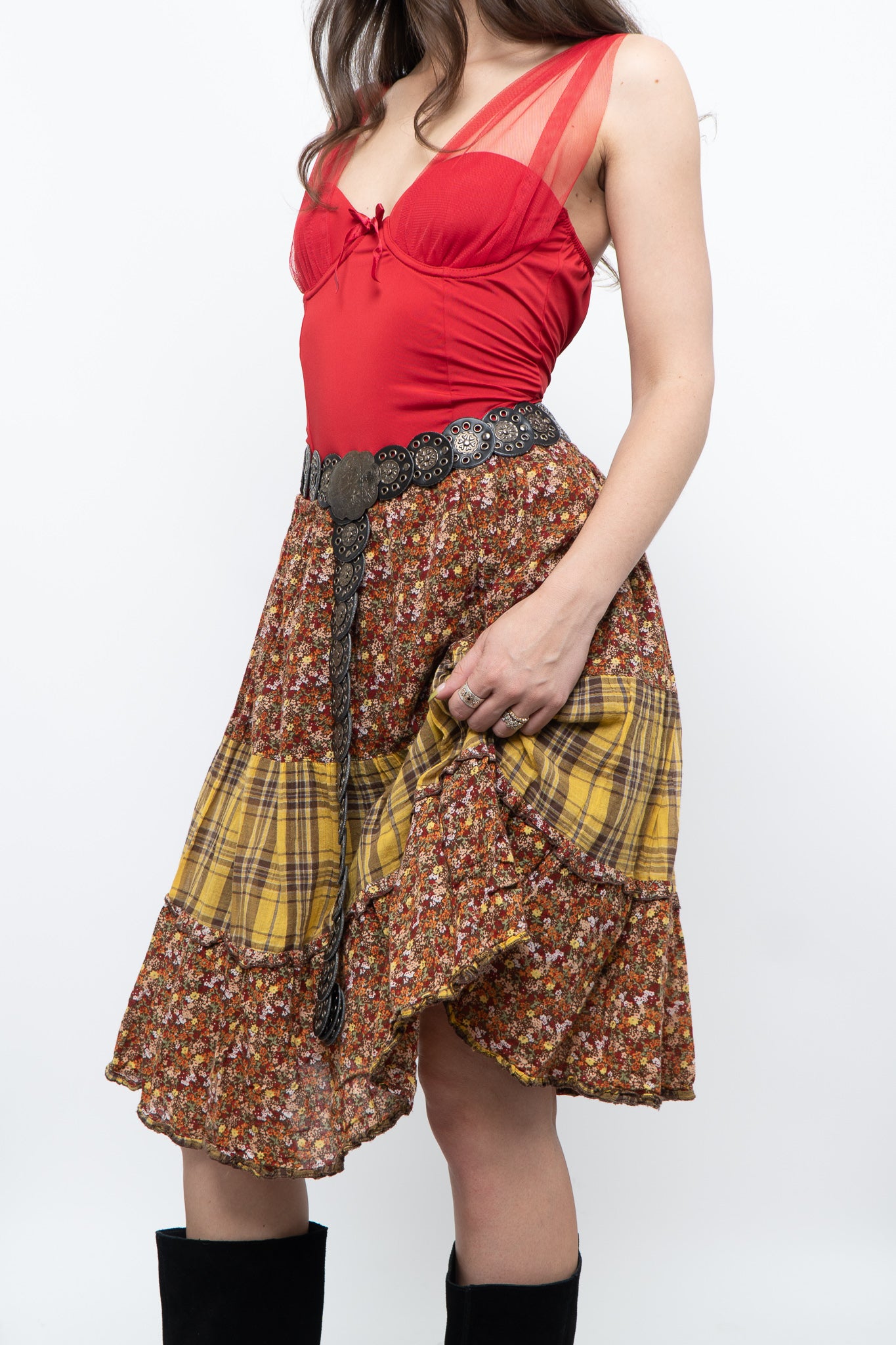 Vintage x Handmade Red, Yellow Plaid & Floral Midi Skirt (S-L)