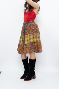 Vintage x Handmade Red, Yellow Plaid & Floral Midi Skirt (S-L)