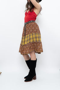 Vintage x Handmade Red, Yellow Plaid & Floral Midi Skirt (S-L)