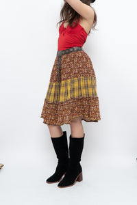 Vintage x Handmade Red, Yellow Plaid & Floral Midi Skirt (S-L)