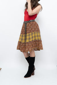 Vintage x Handmade Red, Yellow Plaid & Floral Midi Skirt (S-L)