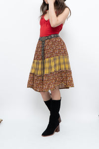 Vintage x Handmade Red, Yellow Plaid & Floral Midi Skirt (S-L)
