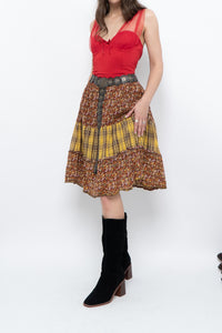Vintage x Handmade Red, Yellow Plaid & Floral Midi Skirt (S-L)