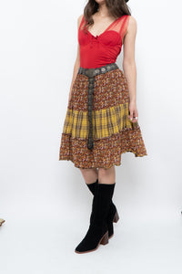 Vintage x Handmade Red, Yellow Plaid & Floral Midi Skirt (S-L)