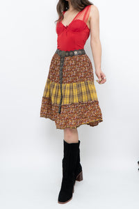 Vintage x Handmade Red, Yellow Plaid & Floral Midi Skirt (S-L)