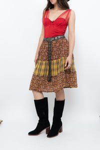 Vintage x Handmade Red, Yellow Plaid & Floral Midi Skirt (S-L)