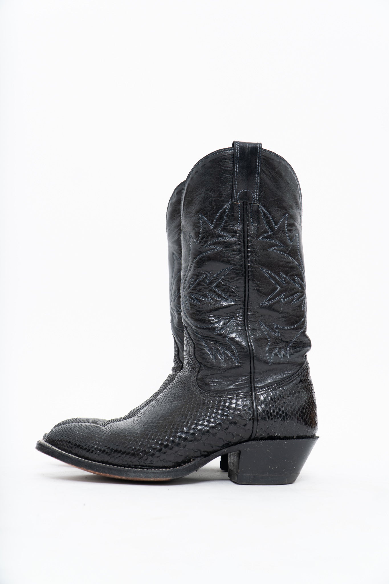 Vintage x ALBERTA BOOT CO. Black Embroidered Snakeskin Cowboy Boots (9M, 10W)