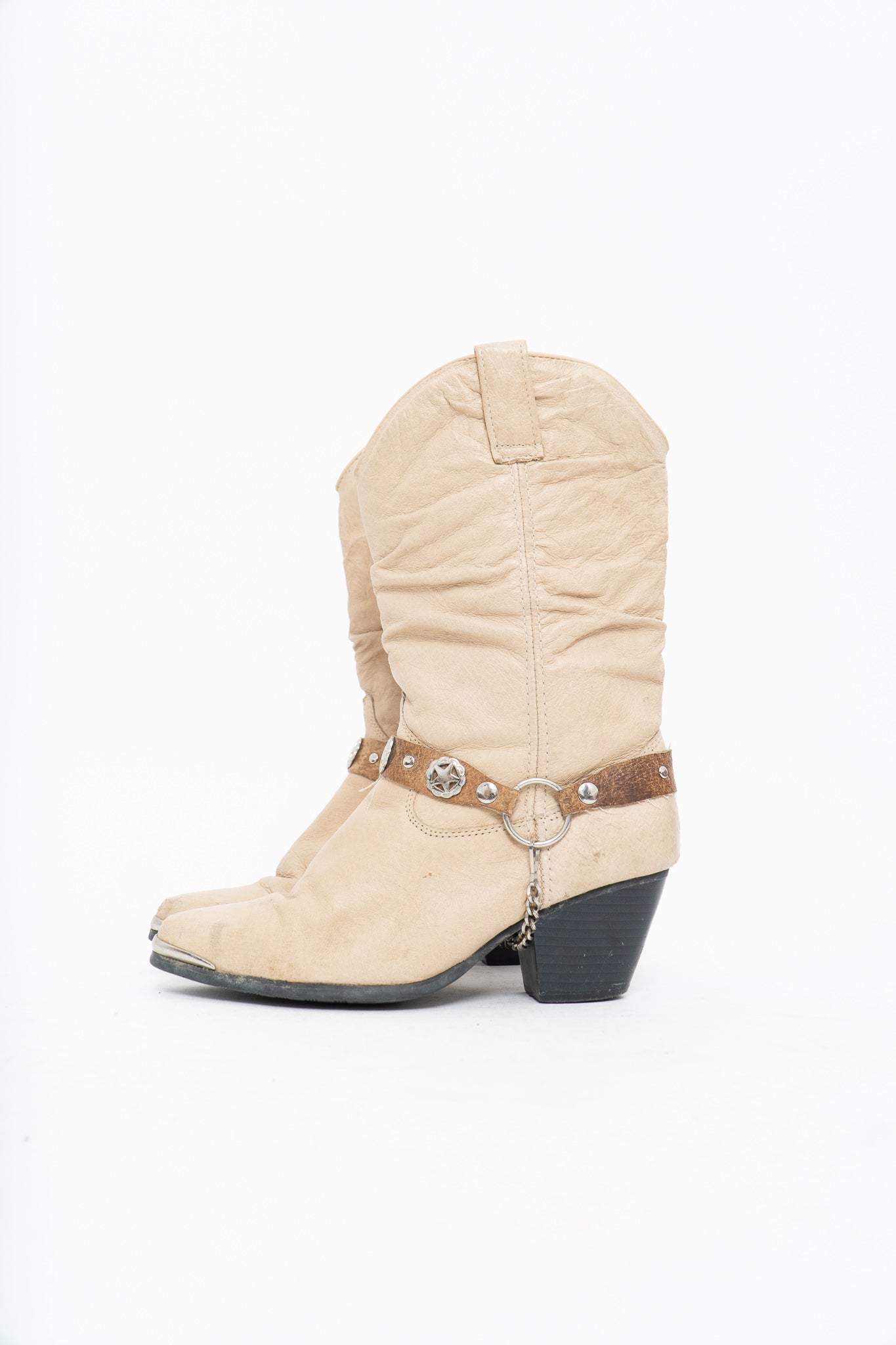 Vintage x DINGO Beige Belted Leather Cowboy Boot (6-7W)