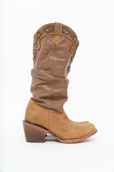 Vintage x Brown, Tan Slouch Leather Studded Cowboy Boot (5-6W)