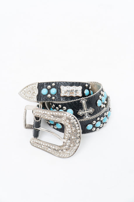 Vintage x BHW Black Turquoise Leather Rhinestone Belt (S, M)