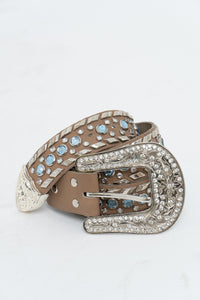 Vintage x Beige, Blue Leather Rhinestone Belt (S)