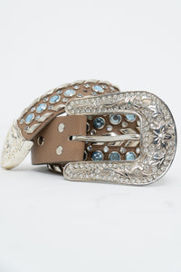 Vintage x Beige, Blue Leather Rhinestone Belt (S)