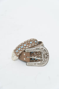 Vintage x Beige, Blue Leather Rhinestone Belt (S)