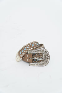 Vintage x Beige, Blue Leather Rhinestone Belt (S)
