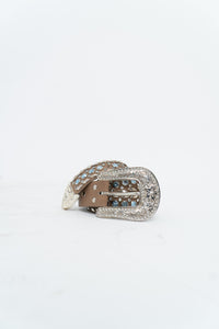 Vintage x Beige, Blue Leather Rhinestone Belt (S)