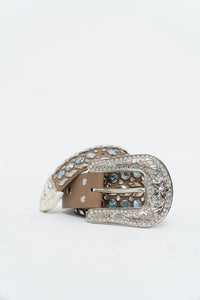Vintage x Beige, Blue Leather Rhinestone Belt (S)