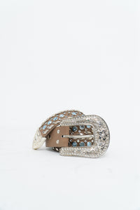 Vintage x Beige, Blue Leather Rhinestone Belt (S)