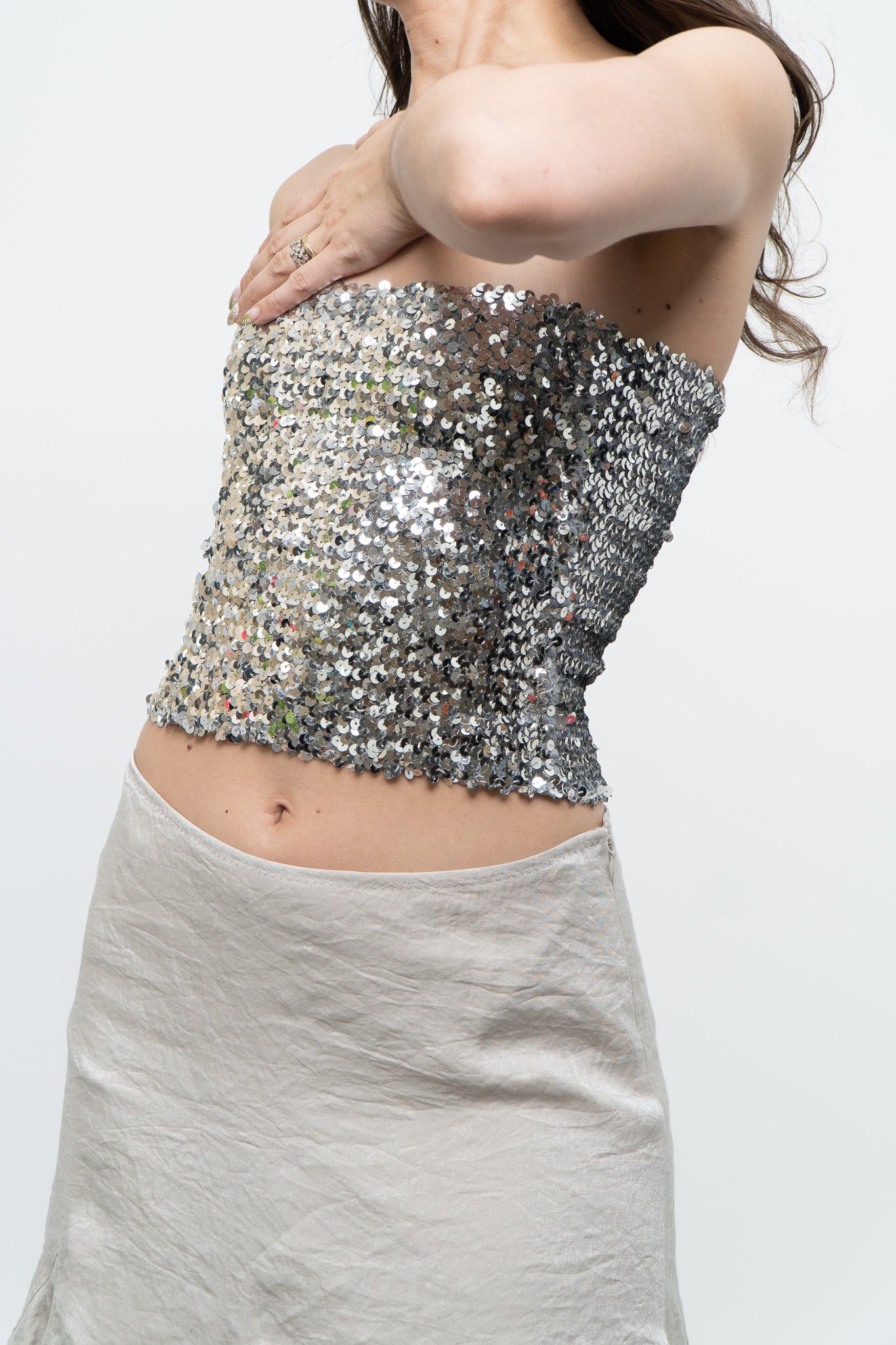 Vintage x Made in Canada x  Silver Sequin Strapless Crop Top (XS, S)