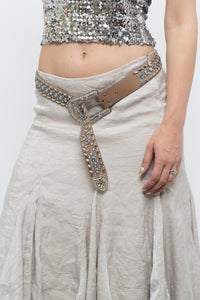 Vintage x Beige, Blue Leather Rhinestone Belt (S)