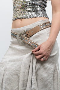 Vintage x Beige, Blue Leather Rhinestone Belt (S)