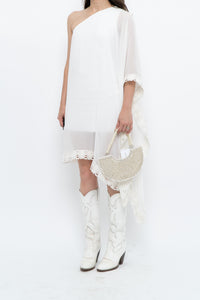 Vintage x White Lace Embroidered Flowy White Sheer Off-Shoulder Top (L)