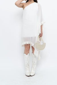 Vintage x White Lace Embroidered Flowy White Sheer Off-Shoulder Top (L)