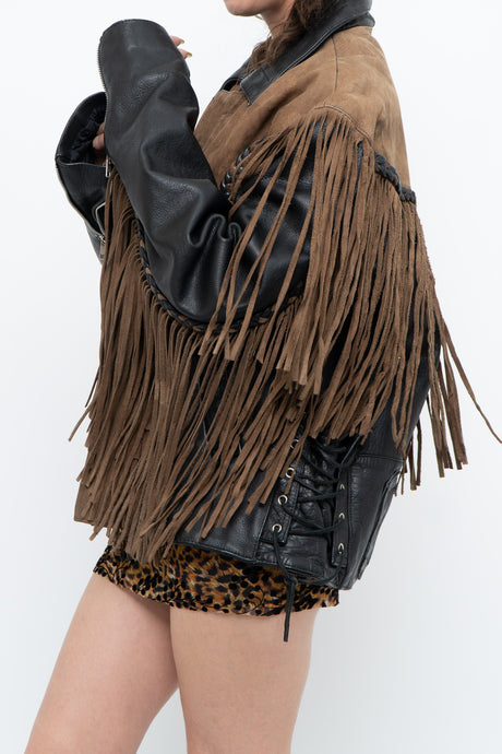 Vintage x Brown, Black Heavy Biker Fringe Jacket (S-L)