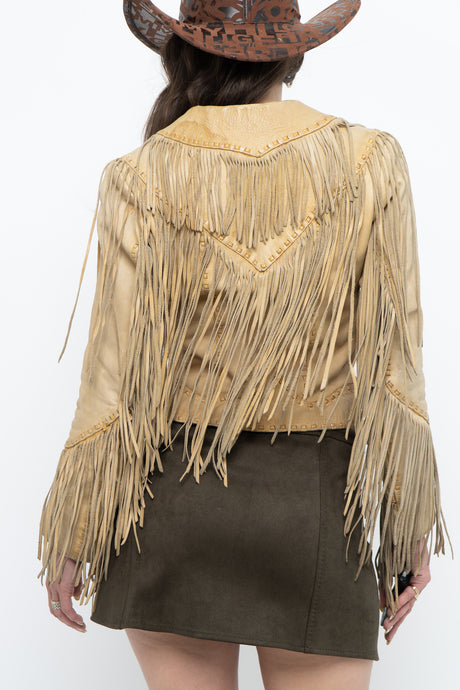 Vintage x THE LEATHER RANCH Tan Fitted Fringe Jacket (XXS, XS)