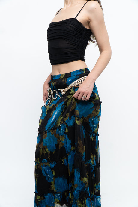 Vintage x Black, Blue Floral Flowy Maxi Skirt (L-XXL)