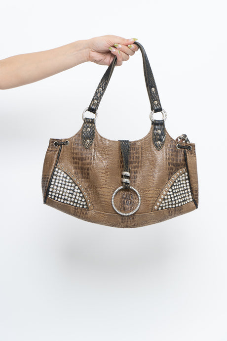 Vintage x Brown Faux Leather Croc Rhinestone Western Purse