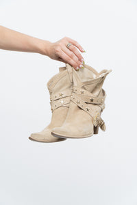 Vintage x Made in Italy / Beige Sude Star Studded Short Cowboy Boot (6, 6.5)