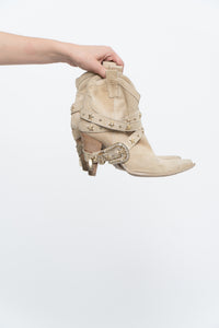 Vintage x Made in Italy / Beige Sude Star Studded Short Cowboy Boot (6, 6.5)