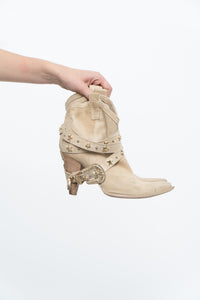 Vintage x Made in Italy / Beige Sude Star Studded Short Cowboy Boot (6, 6.5)