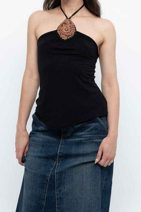 Vintage x Black Beaded Halter Top (S, M)