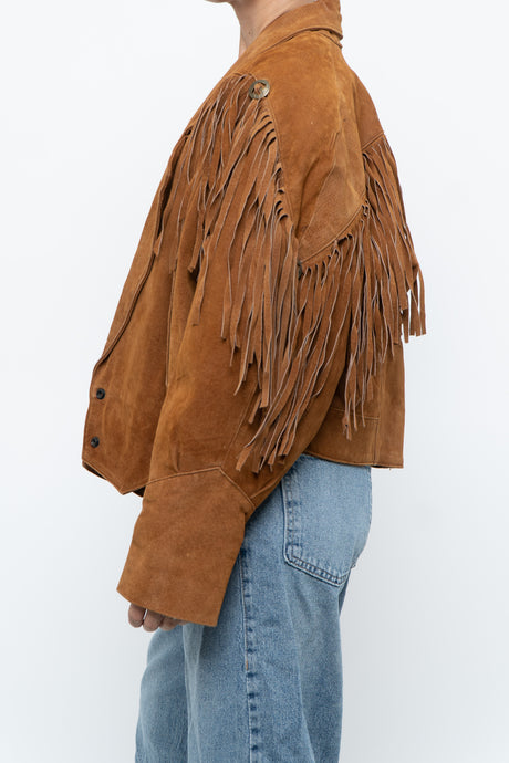 Vintage x Camel Suede Concho Cropped Fringe Jacket (S, M)