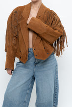Load image into Gallery viewer, Vintage x Camel Suede Concho Cropped Fringe Jacket (S, M)