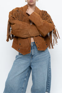 Vintage x Camel Suede Concho Cropped Fringe Jacket (S, M)