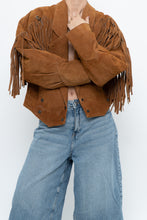 Load image into Gallery viewer, Vintage x Camel Suede Concho Cropped Fringe Jacket (S, M)