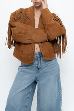 Load image into Gallery viewer, Vintage x Camel Suede Concho Cropped Fringe Jacket (S, M)
