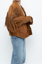 Load image into Gallery viewer, Vintage x Camel Suede Concho Cropped Fringe Jacket (S, M)