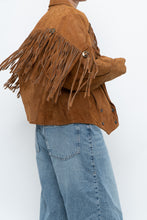 Load image into Gallery viewer, Vintage x Camel Suede Concho Cropped Fringe Jacket (S, M)