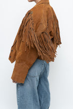 Load image into Gallery viewer, Vintage x Camel Suede Concho Cropped Fringe Jacket (S, M)