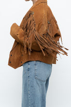 Load image into Gallery viewer, Vintage x Camel Suede Concho Cropped Fringe Jacket (S, M)