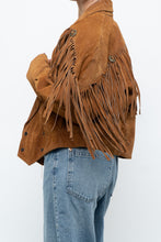 Load image into Gallery viewer, Vintage x Camel Suede Concho Cropped Fringe Jacket (S, M)
