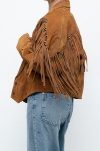 Vintage x Camel Suede Concho Cropped Fringe Jacket (S, M)