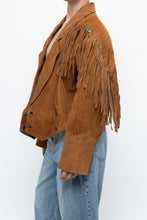 Load image into Gallery viewer, Vintage x Camel Suede Concho Cropped Fringe Jacket (S, M)