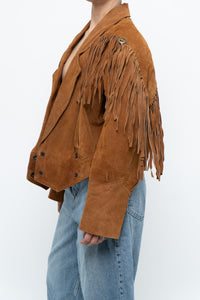 Vintage x Camel Suede Concho Cropped Fringe Jacket (S, M)